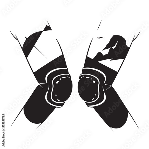 Vector illustration of knees with mountain scenery and protective knee pads in black and white