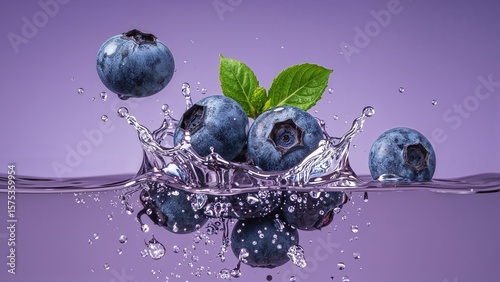 Ripe blueberries and fresh green leaves dramatically splash into crystal clear water on a vibrant purple background