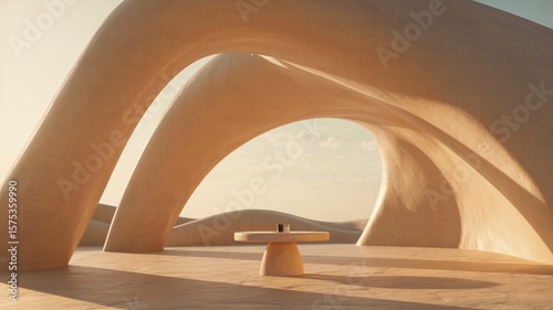 Abstract Sculptural Architecture Blending with Natural Desert Landscape at Sunset