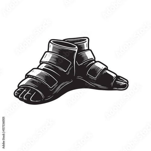 Vintage black and white illustration of detailed gladiator style leather sandals isolated
