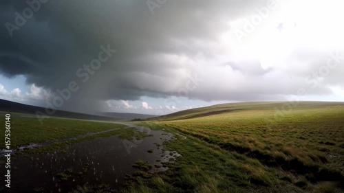Dramatic Stormy Landscape: Flowing River and Rolling Hills