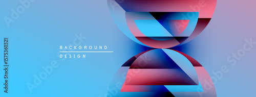 Abstract geometric shapes overlap, creating vibrant color gradients. Blue background complements pink, purple hues. Modern design element.