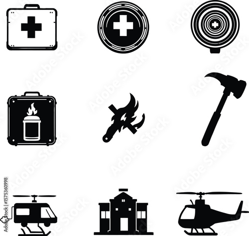 Whimsical Emergency & Rescue Icon Poster Featuring 9 Distinct Silhouettes in a 3×3 Grid Includes First Aid Kit, Badge with Cross, Circular Target, Fire Extinguisher, Wrench with Flame, Fire Axe, 