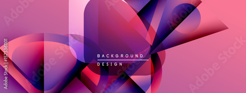 Abstract geometric shapes overlap, creating vibrant pink, purple gradients. Modern design elements suggest dynamic movement, visual texture.