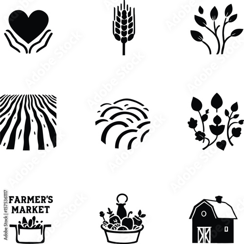 Whimsical Farmer’s Market & Agricultural Icon Poster Featuring 9 Black Silhouettes Arranged in a 3×3 Grid Includes Heart in Hands (Symbolizing Care), Wheat Stalk, Leafy Plant, Crop Rows, Curved Field 