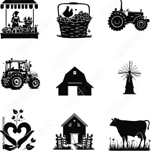 Whimsical Farm Life Silhouette Poster Featuring 9 Thematic Icons Arranged in a 3×3 Grid Includes Market Vendor with Vegetables, Apple Basket with Chicken, Two Distinct Tractor Designs, Barns 