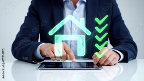 Businessperson touching tablet with digital home icon and checklist, concept of property inspection, real estate management, and housing quality control
