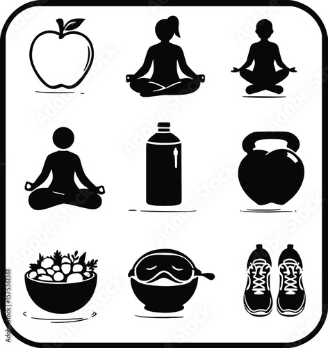 Whimsical Health & Wellness Icon Poster Featuring 9 Thematic Silhouettes Arranged in a 3×3 Grid Includes Meditating Figures with Varied Hairstyles, Apple, Water Bottle, Kettlebell, Salad Bowl, Covered