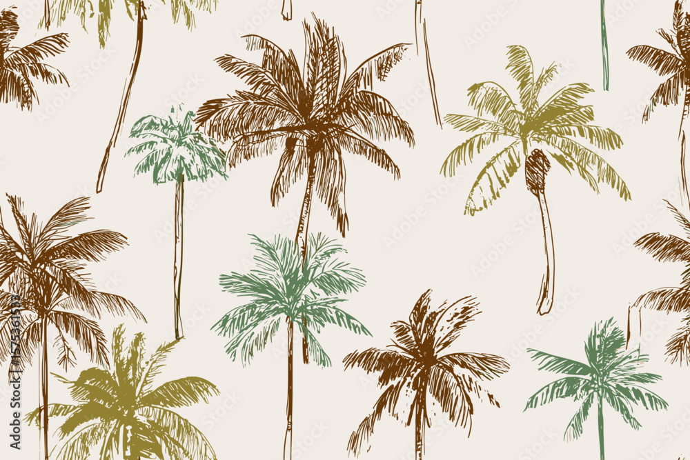 Fototapeta premium Seamless One Line Drawing Pattern of Tropical Palm Trees and Jungle Plants, Hand Drawn in Brown and Green Ink – Minimalist Sketch Style Summer Background for Vector Textile and Wallpaper 