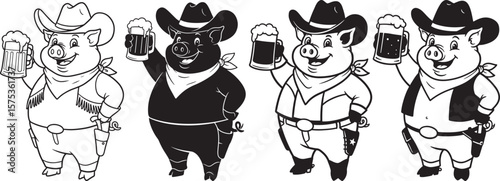 Cowboy Pig Drinking Beer Funny Cartoon Character silhouette