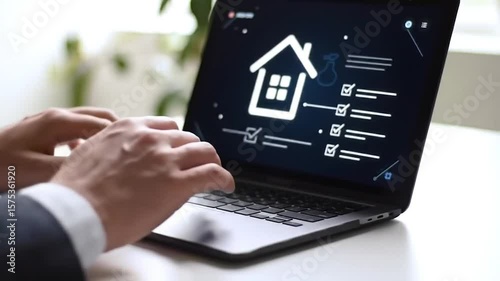 Businessperson touching tablet with digital home icon and checklist, concept of property inspection, real estate management, and housing quality control
