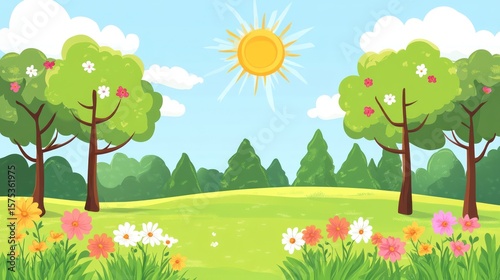 Colorful spring landscape with trees and flowers