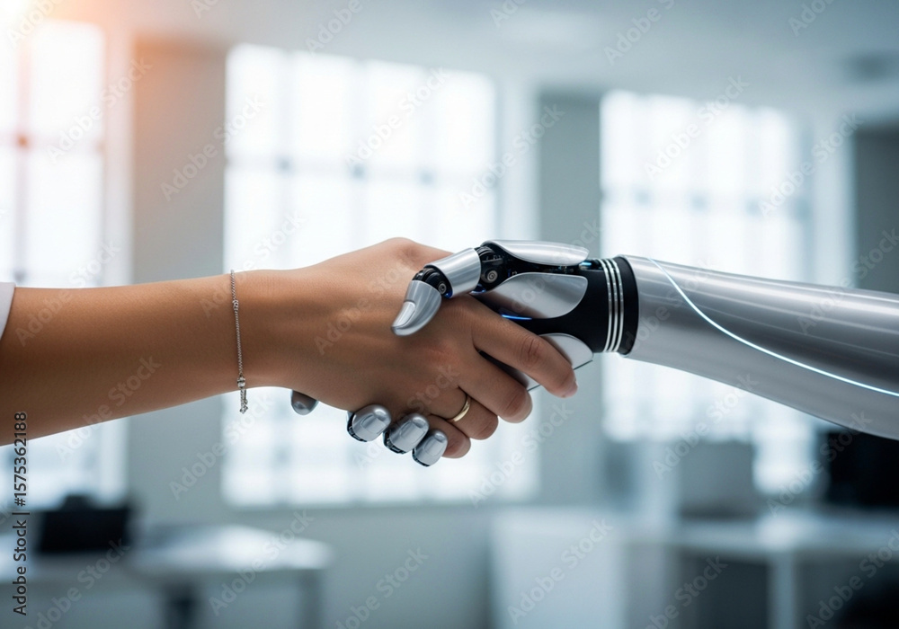 Naklejka premium A human hand shakes a sophisticated robot hand, epresenting themes of technological partnership