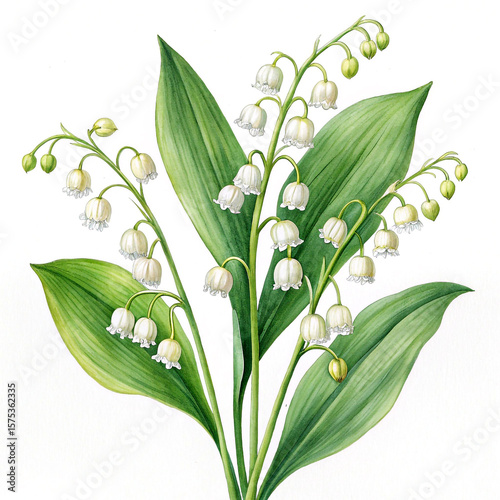 Delicate white lily of the valley flowers with green leaves watercolor illustration image