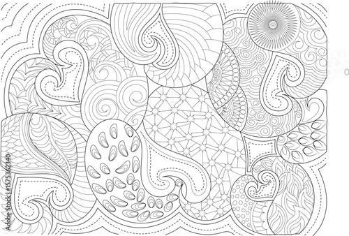 Detailed black and white abstract design featuring organic paisley shapes, hearts, swirls, and intricate patterns, ideal for creative projects.