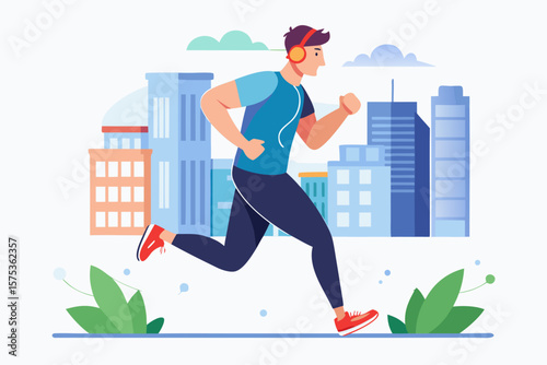 Man Jogging with Headphones in City Vector Fitness Illustration