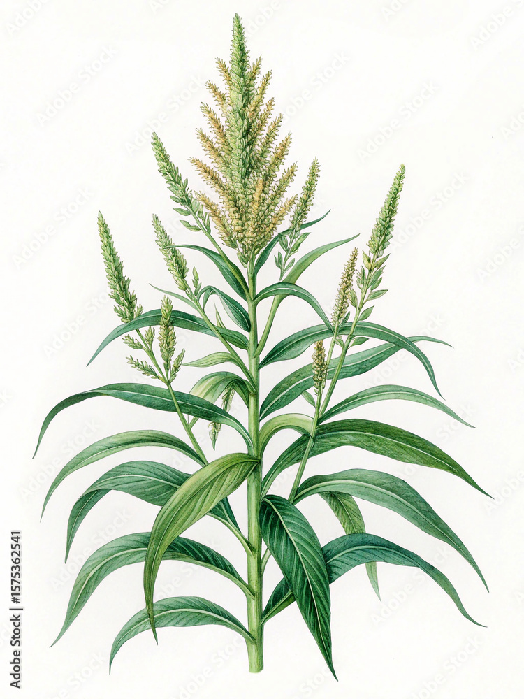 Fototapeta premium Detailed watercolor illustration of a tall green plant with feathery seed heads and long leaves botanical