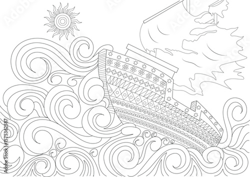Detailed line art of a decorative ship on a turbulent ocean with a radiating sun, ideal for mindful coloring and creative expression.