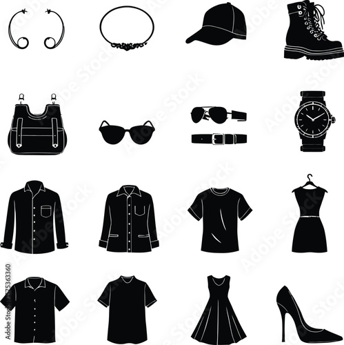 Whimsical Fashion Accessory & Apparel Icon Poster Featuring 16 Stylized Silhouettes in a 4×4 Grid Includes Hoop Earrings, Bracelets, Sunglasses, Wristwatch, Combat Boots, Baseball Cap, Backpack, High 