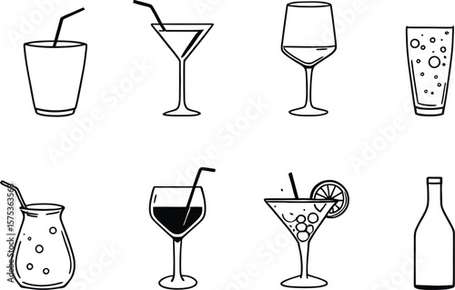 Whimsical Beverage Glasses Silhouette Poster Featuring 8 Unique Drinkware Icons Arranged in 2×4 Grid Includes Martini, Wine, Tumbler, Highball, Pitcher, Goblet, Cocktail Glass with Lemon Slice, 