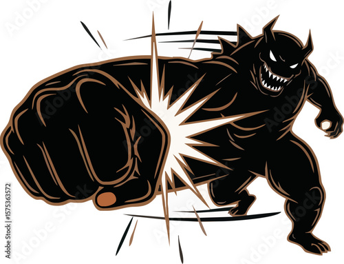 A menacing black figure punches outward with a powerful fist, radiating energy.