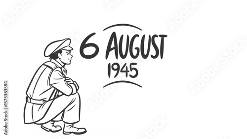 A soldier in uniform squats and looks thoughtfully towards the date august 6 1945 commemorating a significant historical event