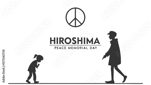 Hiroshima peace memorial day with a child bowing and a person walking under a peace symbol