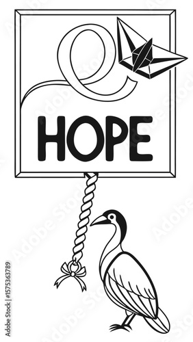 Stylized black and white illustration of the word hope on a sign with a bird and origami crane symbolizing optimism and a bright future