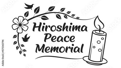 Hiroshima peace memorial symbol with a lit candle doves and floral elements representing remembrance and hope