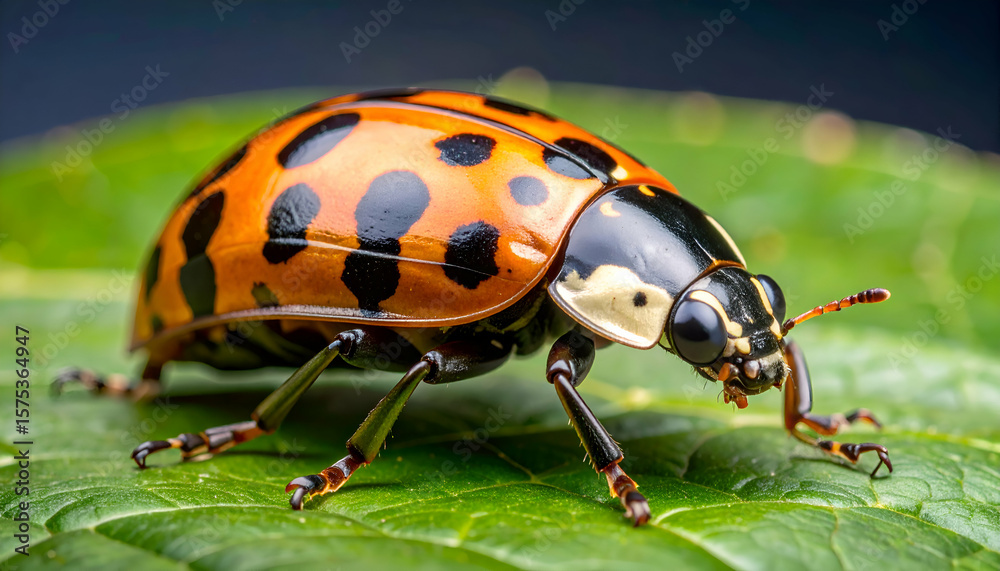 Fototapeta premium Orange Ladybug on Green Leaf.