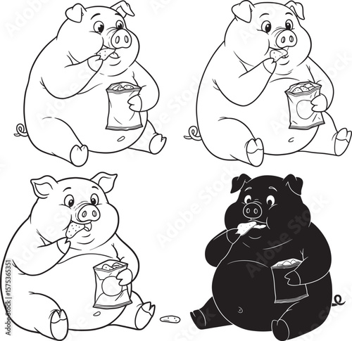 Fat Pig Eating Chips With Surprised Face silhouette