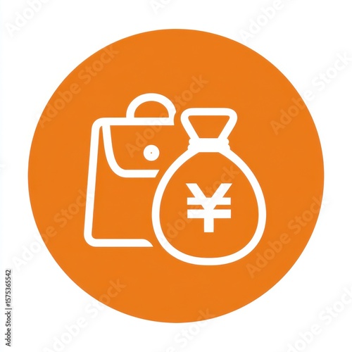Orange circular border icon with white-outlined shopping bag and money bag featuring Chinese yuan symbol, representing finance and commerce concepts.