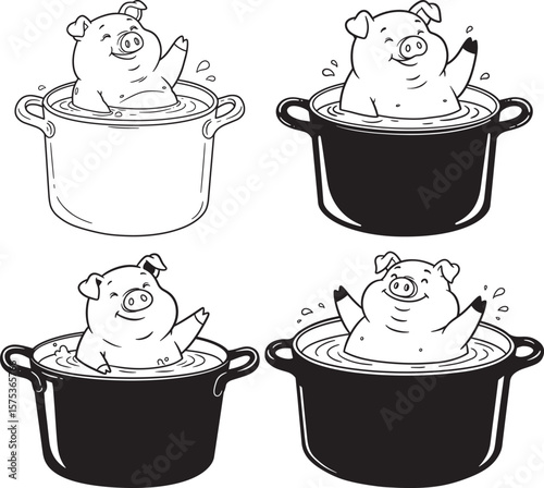 Pig Bathing In Big Casserole Cartoon silhouette