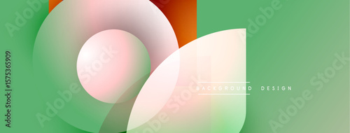 Abstract shapes overlap, creating soft gradients. Green, orange, pink hues dominate design. Minimal text present. Modern aesthetic.