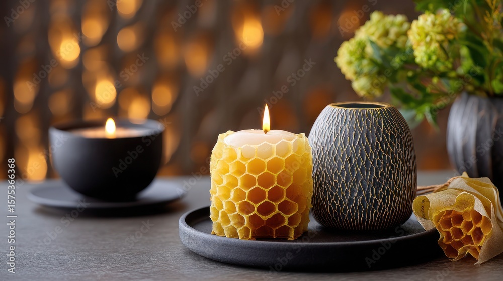 Obraz premium Compact dispenser styled with beeswax wrap curls and ambient candlelit texture vignette