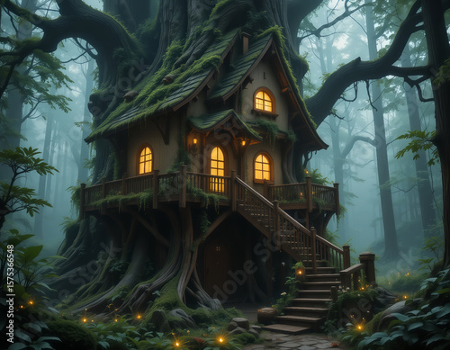 Enchanted Treehouse in Misty Forest with Warm Glow