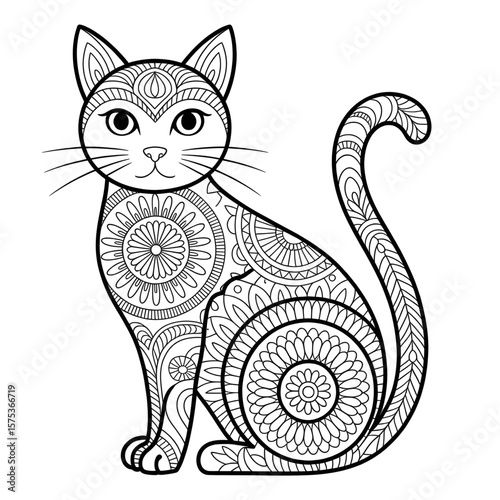 Cat mandala line drawing coloring page