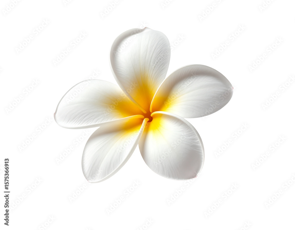 Naklejka premium Single frangipani flower with soft, overlapping petals and subtle shadows, floating 