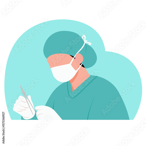 A Surgeon Prepares for Surgery with Surgical Forceps Vector Illustration