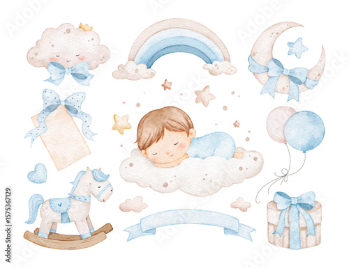 Watercolor Illustration Set of Baby Boy and Nursery Elements