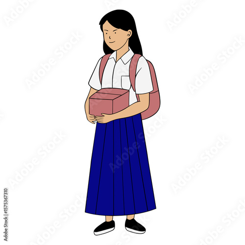 High school junior high school Indonesian school children Illustration Cartoon. Schoolboy standing while holding the box