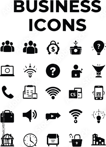 Business Icons Grid Poster Featuring Bold “BUSINESS ICONS” Typography with 25 Whimsical Silhouette Symbols Arranged in Five Neat Rows — Includes Office Essentials, Technology Devices, and Professional