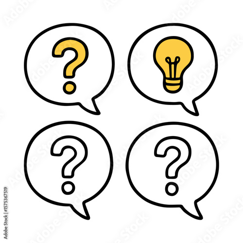Hand-Drawn Speech Bubbles with Question Marks and Lightbulb. Brainstorming, Communication, Idea Generation, Thinking Doodle Style Vector Illustration