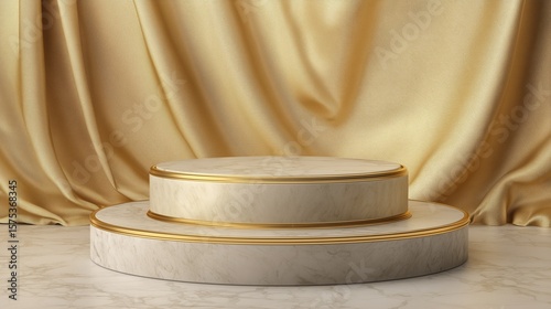 podium with golden fabric placed top luxury premium pedestal elegance background product presentation backdrop empty scene 3d