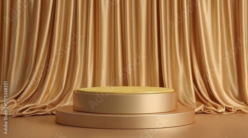podium with golden fabric placed top luxury premium pedestal elegance background product presentation backdrop empty scene 3d