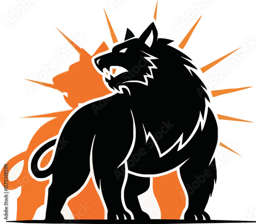 A stylized illustration of a fierce wolf with a radiating orange background, standing proudly.