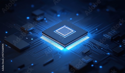 a futuristic high-tech chip illuminated in vibrant blue light on dark background, showcasing intricate circuit board design with digital data streams and advanced computer technology concepts