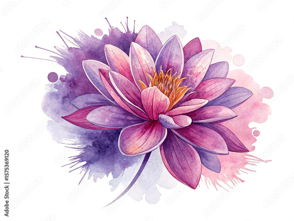 Obraz premium Vibrant watercolor lotus bloom with purple pink and orange hues flower image