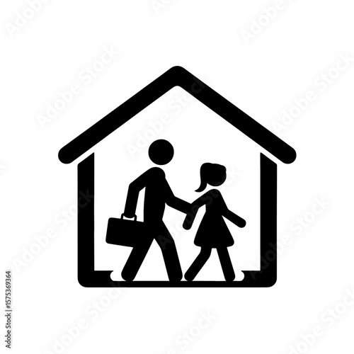 A person with a briefcase walks with a child inside a house outline.