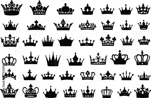 👑 Crown Silhouette Icon Set Vector Illustration Featuring Forty Unique Black Crown Designs in a 5x8 Grid Ranging from Minimalist to Ornate Styles
